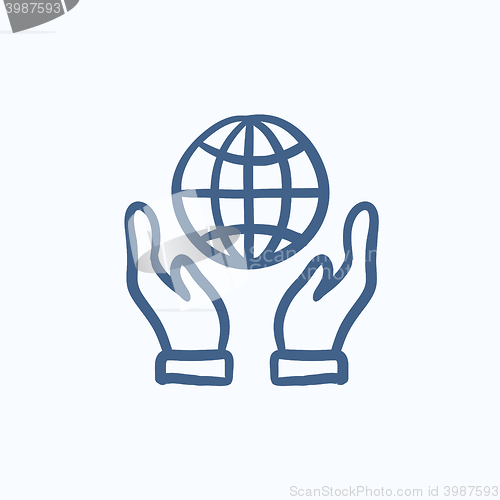 Image of Two hands holding globe sketch icon.