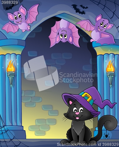 Image of Wall alcove with Halloween cat and bats