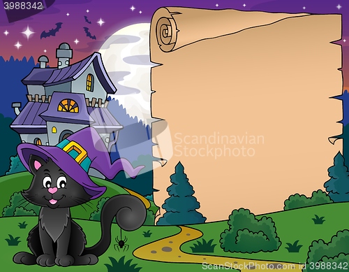 Image of Halloween parchment with cat and house