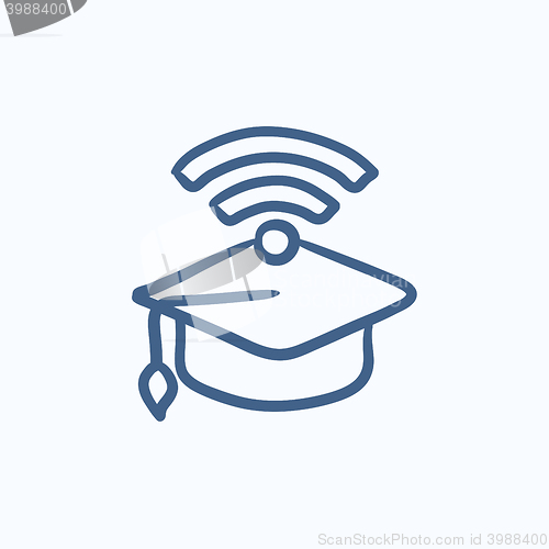 Image of Graduation cap with wi-fi sign sketch icon.