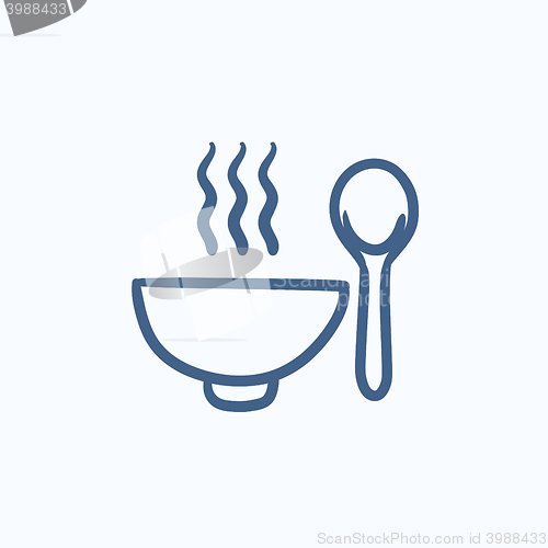 Image of Bowl of hot soup with spoon sketch icon.