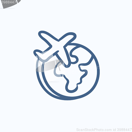 Image of Airplane flying around the world sketch icon.