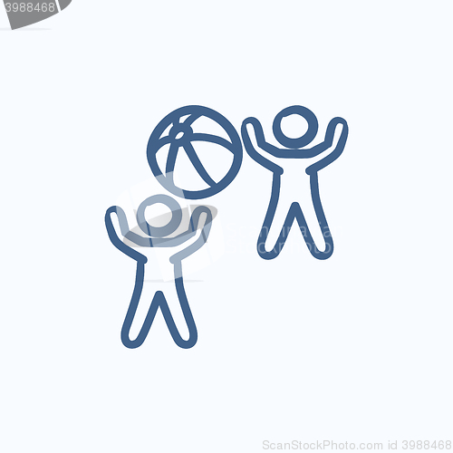 Image of Children playing with inflatable ball sketch icon.