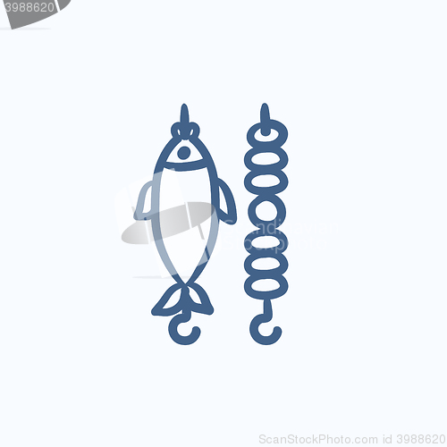 Image of Shish kebab and grilled fish sketch icon.