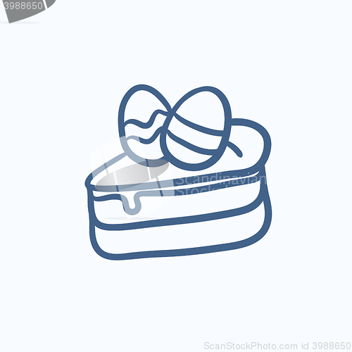 Image of Easter cake with eggs sketch icon.