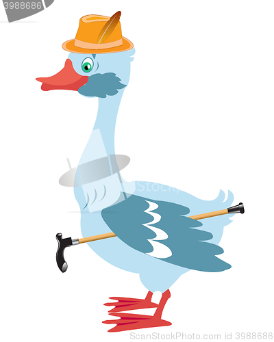 Image of Cartoon goose in hat with walking stick