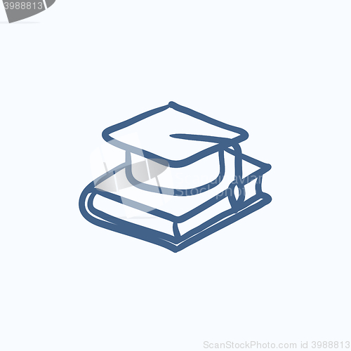 Image of Graduation cap laying on book sketch icon.