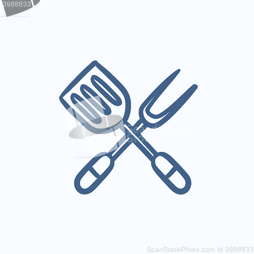 Image of Kitchen spatula and big fork sketch icon.