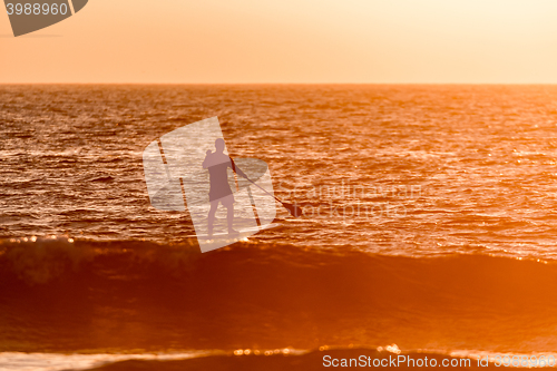 Image of Stand up paddler silhouette at sunset
