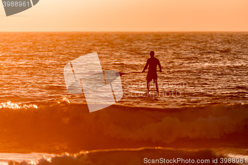 Image of Stand up paddler silhouette at sunset