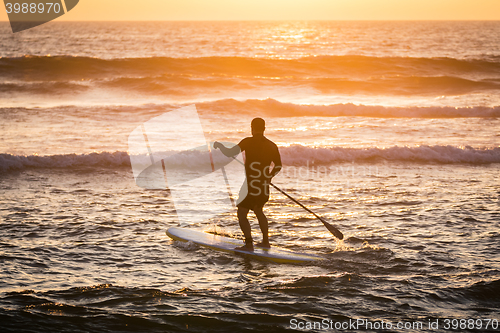 Image of Stand up paddler silhouette at sunset