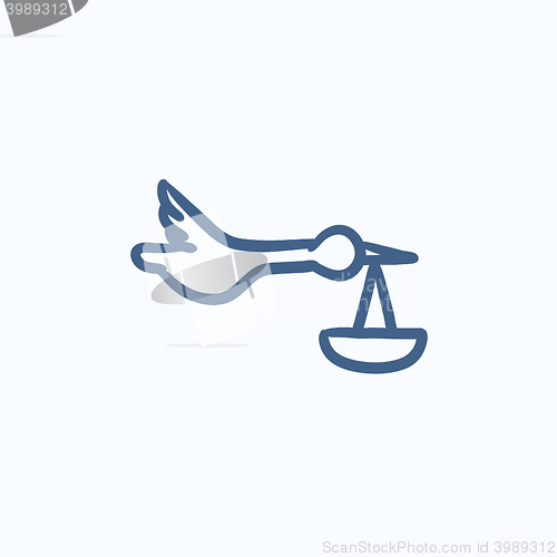 Image of Baby basket with stork sketch icon.