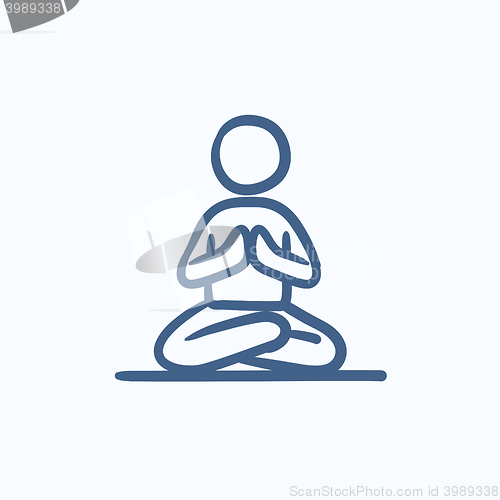 Image of Man meditating in lotus pose sketch icon.