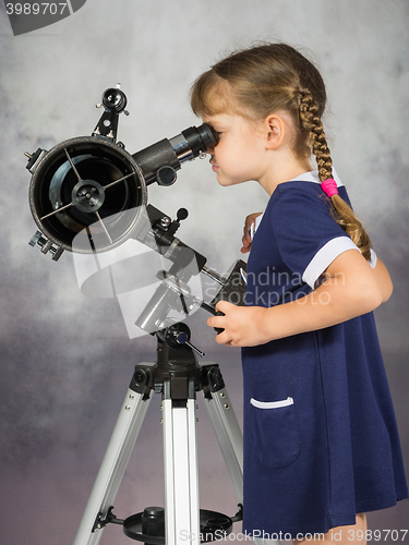 Image of Girl amateur astronomers looking into the telescope eyepiece