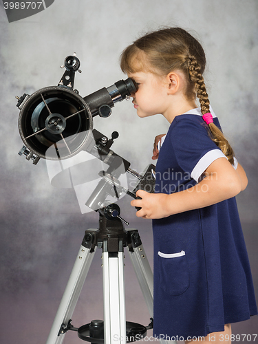 Image of Girl amateur astronomers looking into the telescope eyepiece