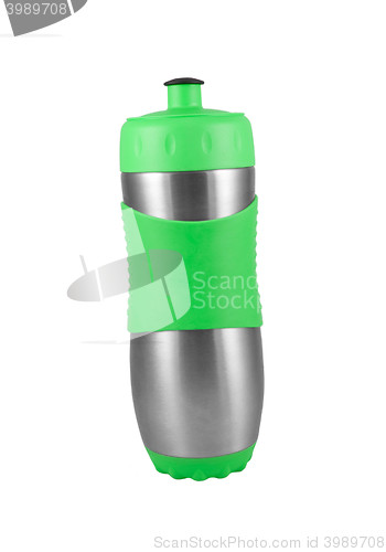 Image of Green metal camping water bottle isolated on white.