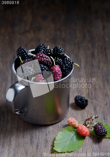 Image of Mulberries on wooden background