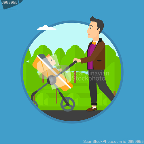 Image of Father walking with his baby in stroller.