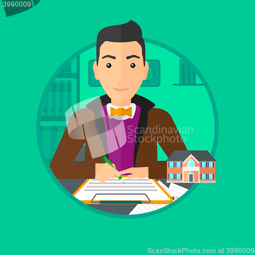 Image of Real estate agent signing contract.