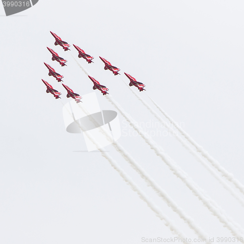Image of LEEUWARDEN, THE NETHERLANDS - JUNE 10, 2016: RAF Red Arrows perf