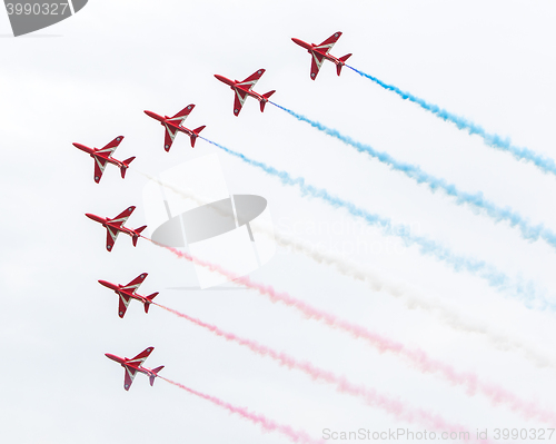 Image of LEEUWARDEN, THE NETHERLANDS - JUNE 10, 2016: RAF Red Arrows perf