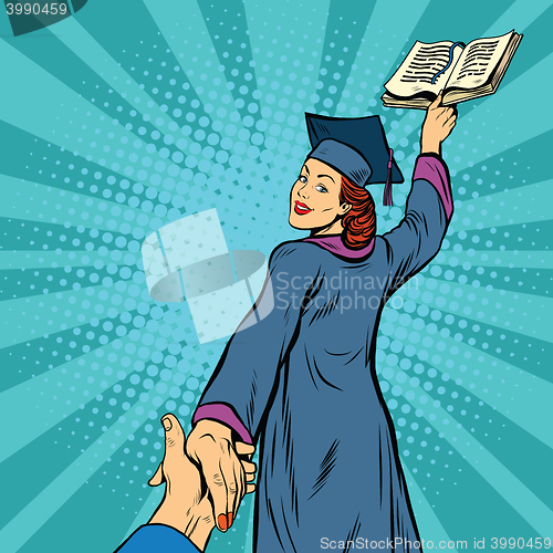 Image of follow me, a woman student graduate knowledge education