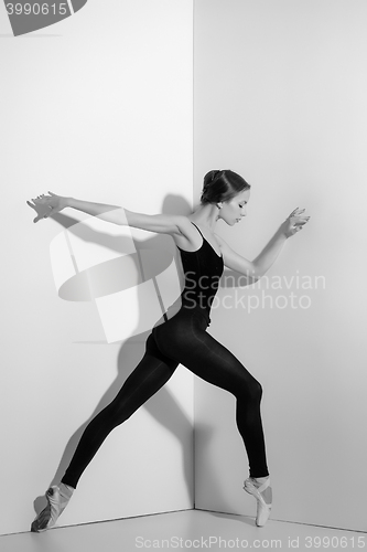 Image of Ballerina in black outfit posing on pointe shoes, studio background.