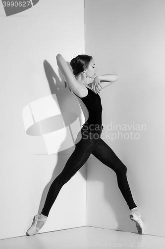 Image of Ballerina in black outfit posing on pointe shoes, studio background.