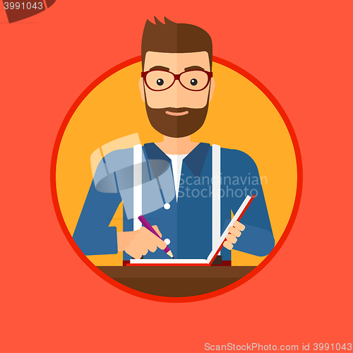 Image of Journalist writing in notebook with pencil.