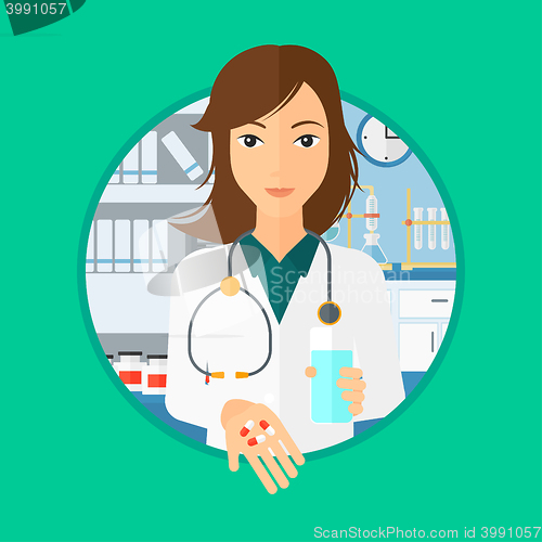 Image of Pharmacist giving pills and glass of water.