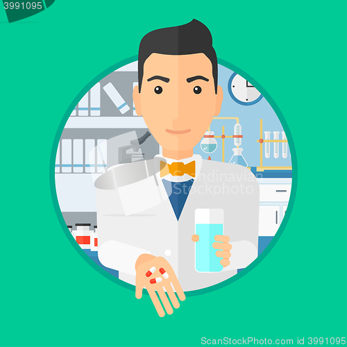 Image of Pharmacist giving pills and glass of water.