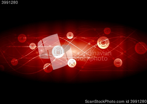 Image of Dark red communication network wavy background