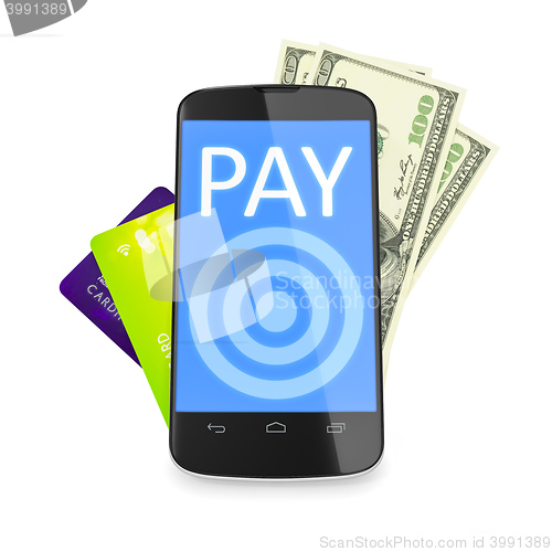 Image of smartphone, dollar notes and credit cards for mobile payment