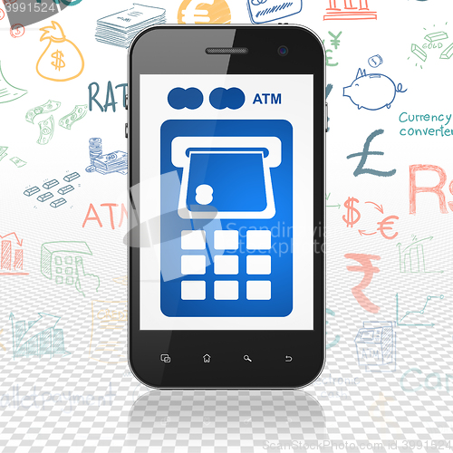 Image of Currency concept: Smartphone with ATM Machine on display