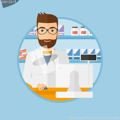 Image of Pharmacist at counter with cash box.