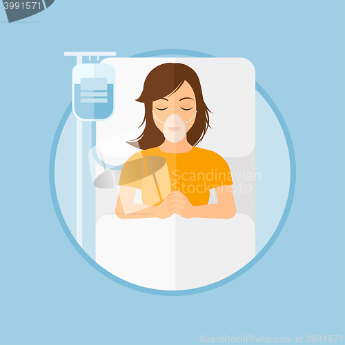 Image of Patient lying in hospital bed with oxygen mask.