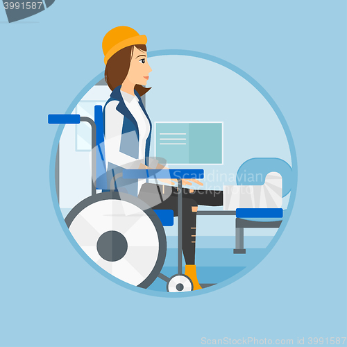 Image of Woman with broken leg sitting in wheelchair.