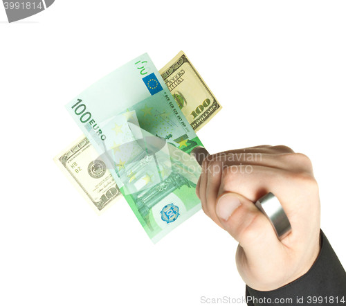 Image of man knifed euro and dollar isolated