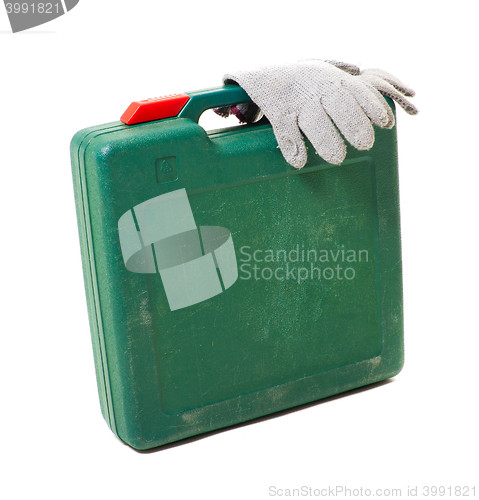 Image of tool box with gloves isolated on white