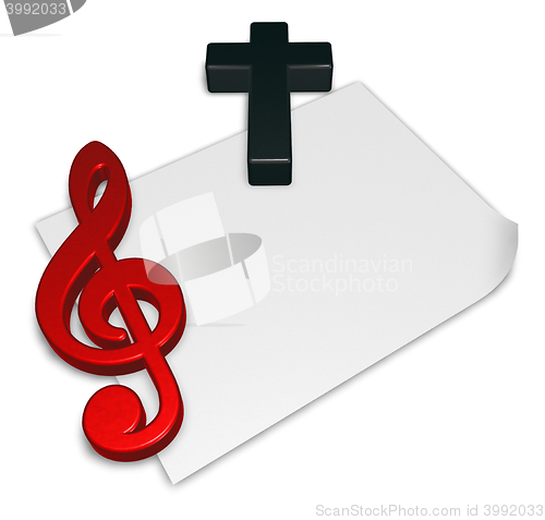 Image of clef and cross on blank white paper sheet - 3d rendering