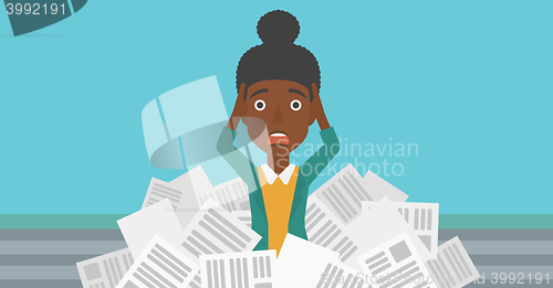 Image of Woman in stack of newspapers.