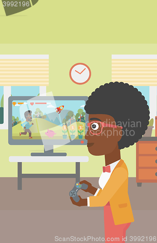 Image of Woman playing video game.