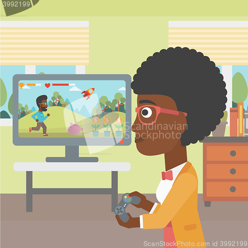 Image of Woman playing video game.