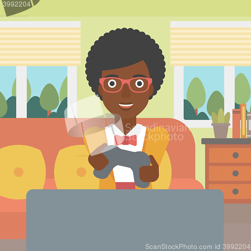 Image of Woman playing video game.