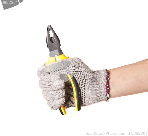 Image of man holding Pliers isolated