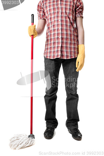 Image of man holding mop in gloves isolated