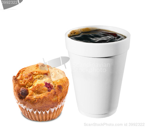 Image of hot plastic coffe cup with chip muffin