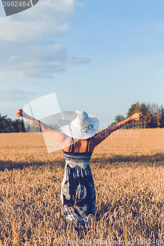 Image of Middle aged beauty woman in wheat field