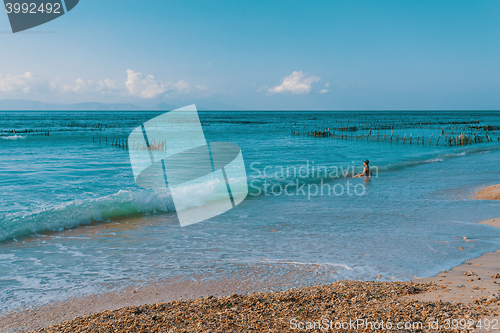 Image of Dream beach, Algae at low tide and boy