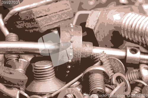 Image of old bolts, screws and metal details, close up vector illustration